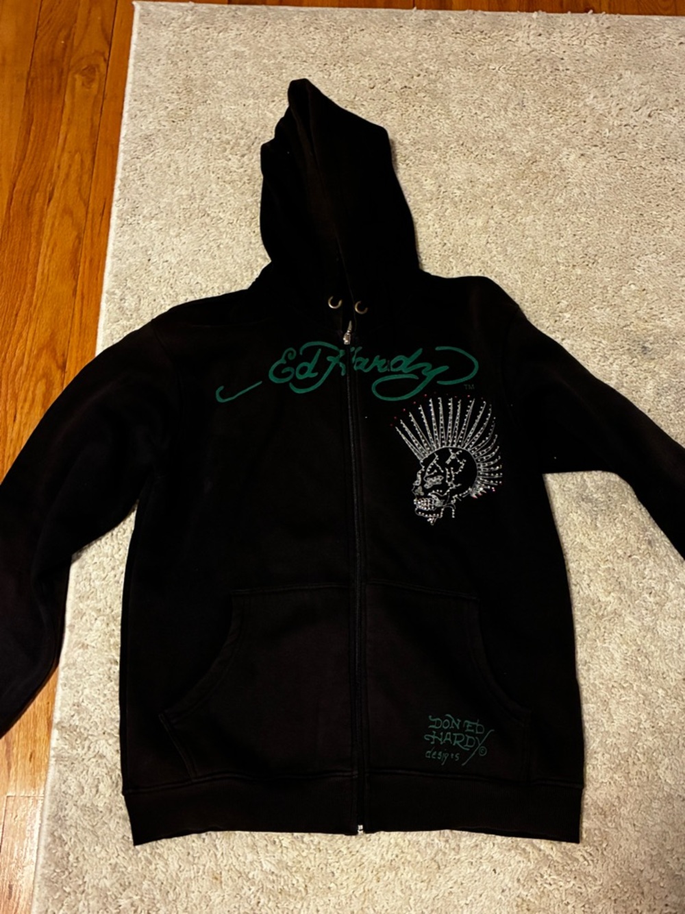 Y2K ORIGINAL Ed Hardy Black Hoodie with Green Script and Studded Skull